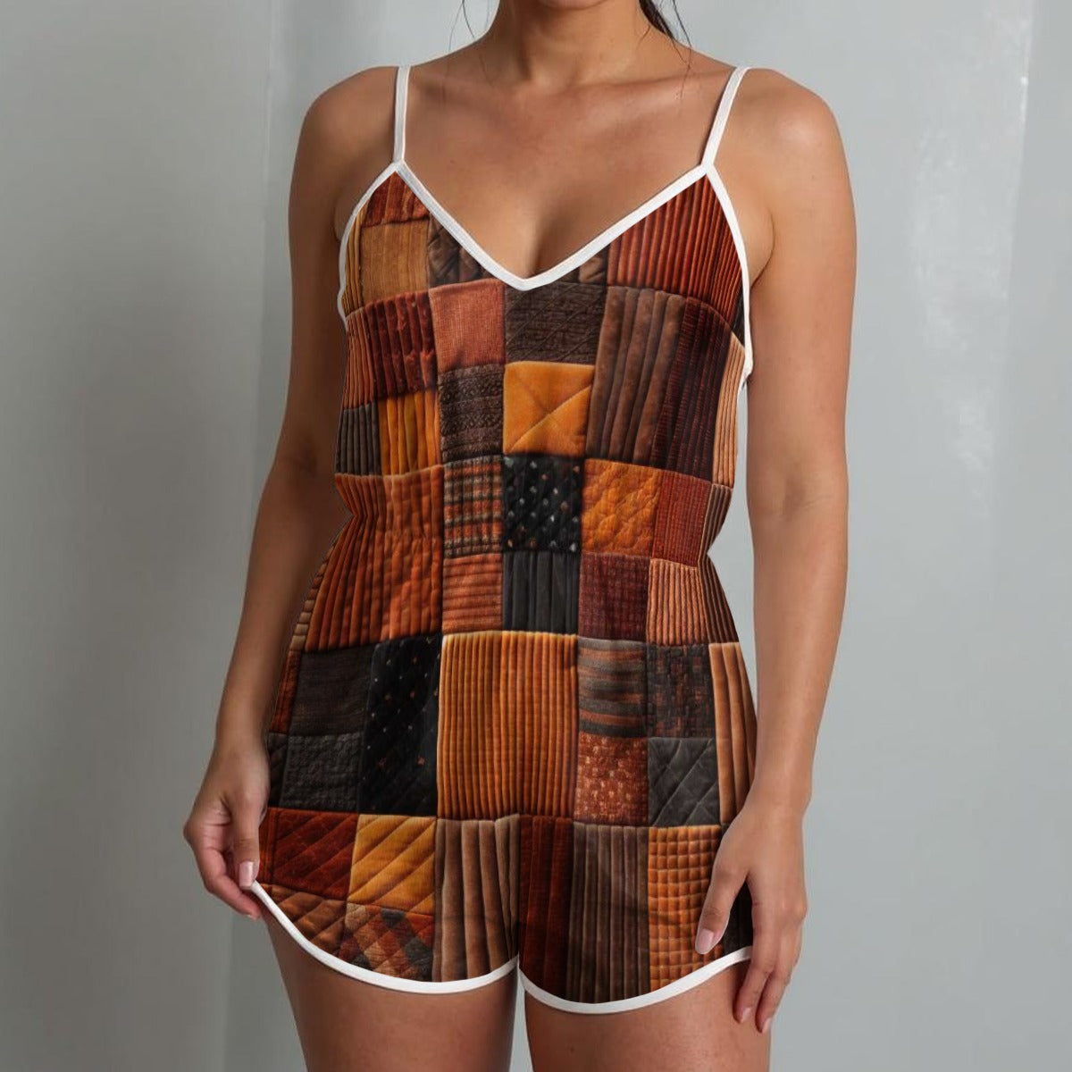 Patchwork BrownV-neck Cami Romper