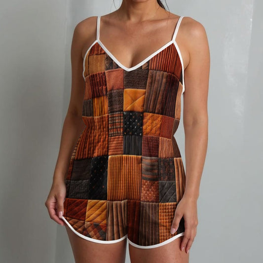 Patchwork BrownV-neck Cami Romper