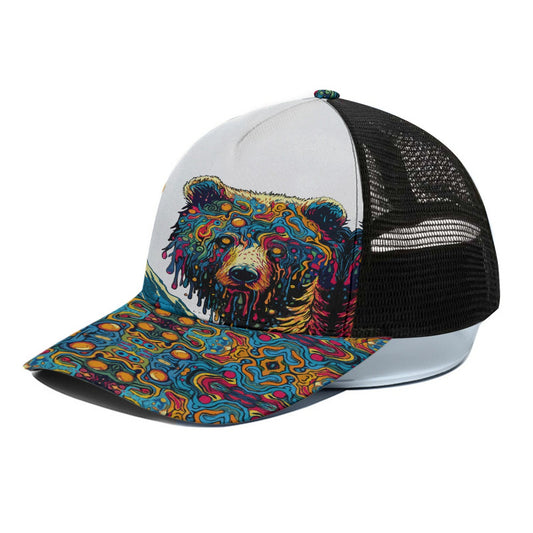 Drippy Bear (White on Black)Trucker Hat With Black Half-mesh