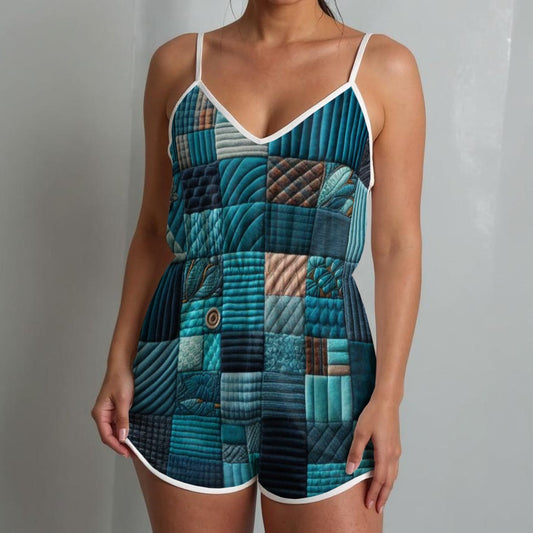 Blue Patch Women's V-neck Cami Romper