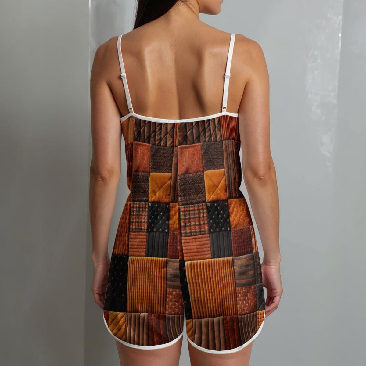 Patchwork BrownV-neck Cami Romper
