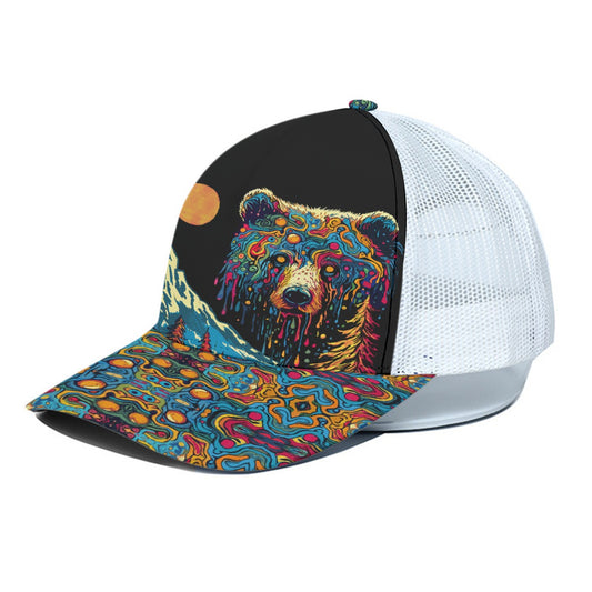 Drippy Bear (Black on White)Trucker Hat With White Half-mesh