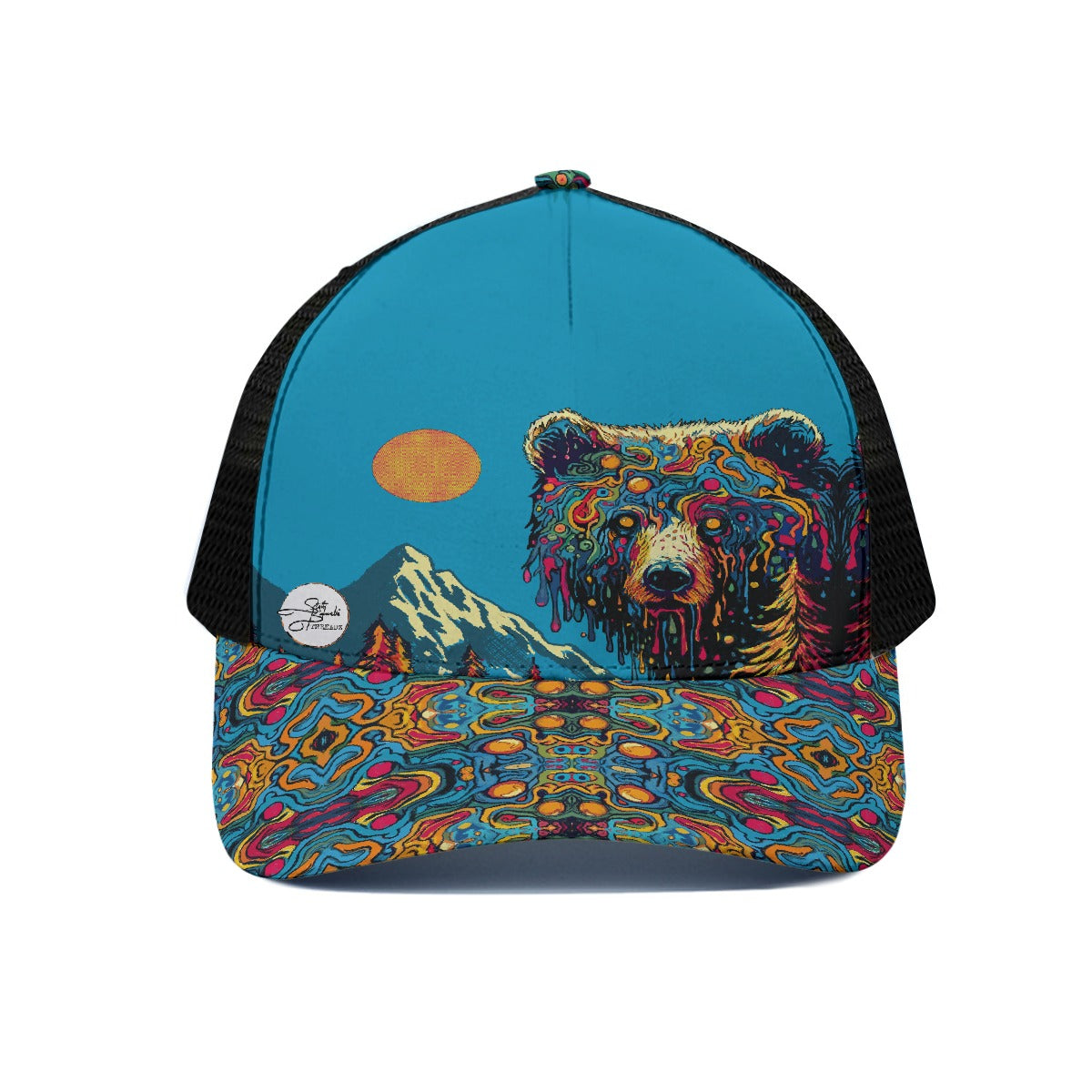 Drippy Bear (Blue on Black)Trucker Hat With Black Half-mesh