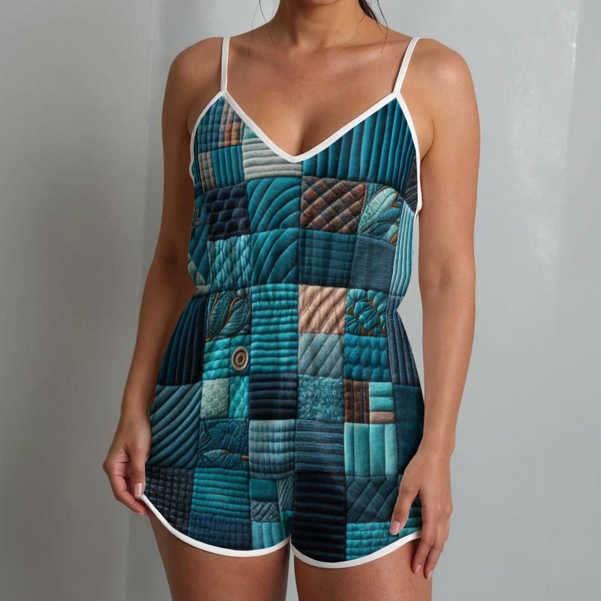 Blue Patch Women's V - neck Cami Romper - SB - THREADZ