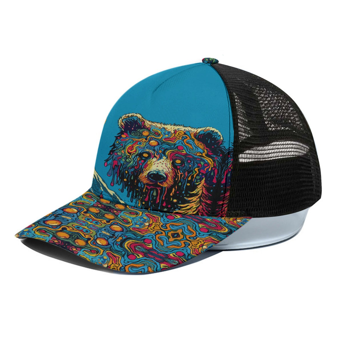 Drippy Bear (Blue on Black)Trucker Hat With Black Half-mesh