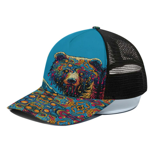 Drippy Bear (Blue on Black)Trucker Hat With Black Half-mesh