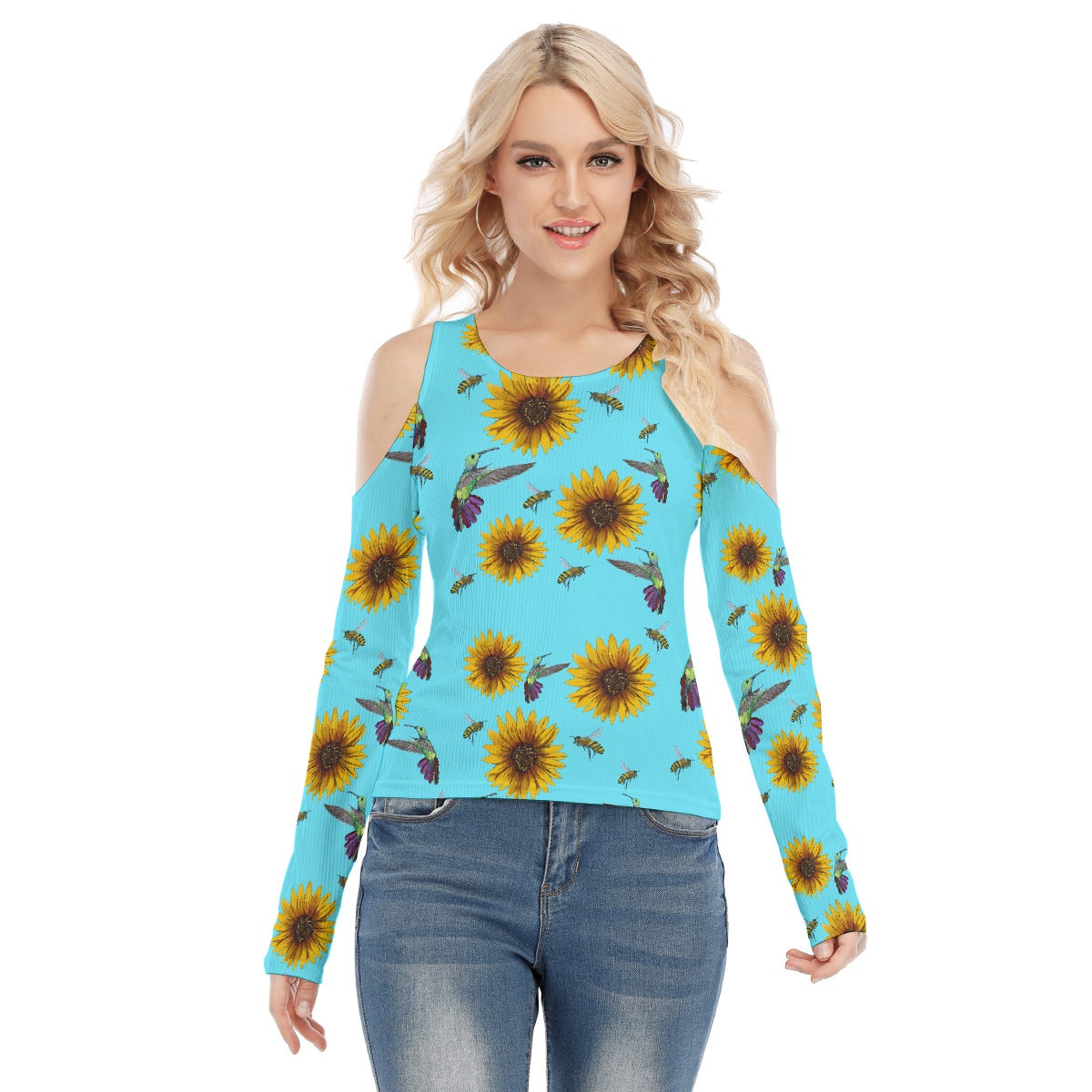 Birds and da Bees Blue Cold Shoulder Round Neck Long Sleeves Blouse