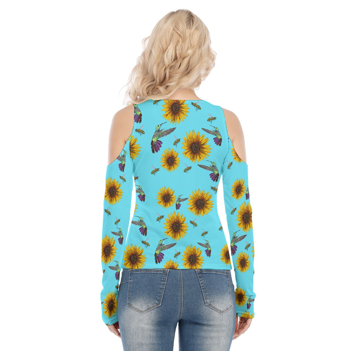 Birds and da Bees Blue Cold Shoulder Round Neck Long Sleeves Blouse